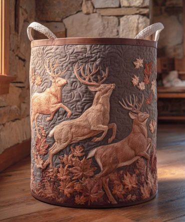 Autumn Antlers Fall Quilted Laundry Hamper - Seasonal Quilted Fabric Basket With Handles, Foldable Decorative Laundry Organizer For Cozy Homes