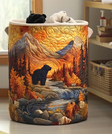 Autumn Bear Quilted Laundry Hamper – Cute Woodland Bear Fabric Basket, Foldable Kids Nursery Hamper, Soft, Washable & Durable