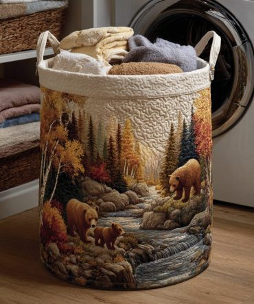 Autumn Bear River Quilted Laundry Hamper — Rustic Bear & Foliage Fabric Basket, Collapsible Large Laundry Organizer For Cabin
