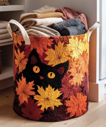 Autumn Black Cat Quilted Laundry Hamper — Cozy Fall Cat Pattern Fabric Basket For Seasonal Home Decor, Laundry & Kids Rooms — Foldable & Stylish