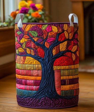 Autumn Books Tree Quilted Cotton Laundry Hamper – Warm Collapsible Fabric Basket With Sturdy Handles, Styled Storage For Cozy Homes