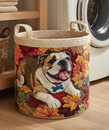 Autumn Bulldog Quilted Fabric Hamper - Cute Fall Dog Print Collapsible Laundry Basket For Pet Lovers, Nursery & Bedroom, Sturdy Handles