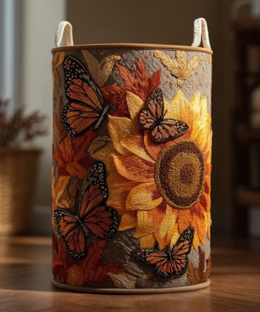 Autumn Butterfly Quilted Laundry Basket - Warm Fall Floral Fabric Hamper For Home & Nursery , Foldable Laundry Bin, Decorative Storage Solution