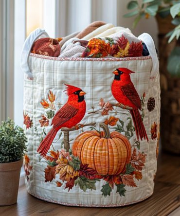 Autumn Cardinal Glow Quilted Laundry Hamper — Warm Cardinal Motif Collapsible Fabric Basket With Reinforced Handles, Cozy Fall Home Organizer