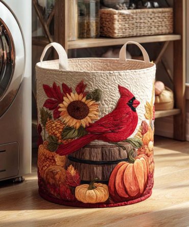 Autumn Cardinal Quilted Laundry Hamper — Cozy Fall-Themed Storage Basket, Foldable Decorative Hamper With Reinforced Handles & Liner