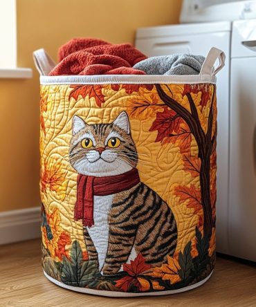 Autumn Cat Quilted Laundry Hamper - Cozy Seasonal Cat Print, Foldable Fabric Laundry Basket With Sturdy Handles For Home