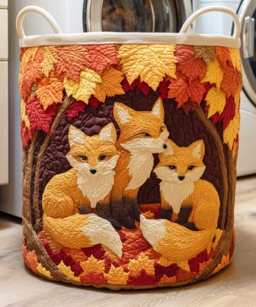 Autumn Fox Quilted Laundry Hamper — Rustic Woodland Fabric Basket For Clothes & Toys, Collapsible Fall Decorative Storage With Handles