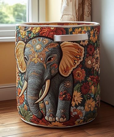 Autumn Elephant Quilted Laundry Hamper — Playful Fall Elephant Print, Collapsible Quilted Fabric Basket With Easy-Carry Handles