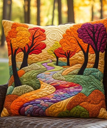 Autumn Landscape Quilted Pillow Cover — Scenic Fall Decorative Throw Pillowcase, Quilted Home Accent For Cozy Interiors