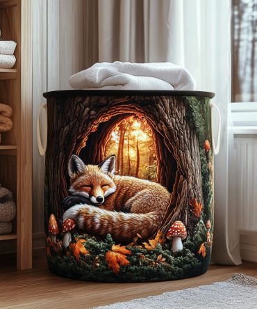 Autumn Fox Quilted Laundry Hamper — Rustic-Inspired Washable Laundry Basket, Foldable Large-Capacity Home Organizer With Handles