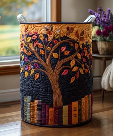 Autumn Glow Tree Quilted Hamper — Rustic Foldable Laundry Basket, Large Fabric Storage Bin With Handles & Machine-Washable Liner
