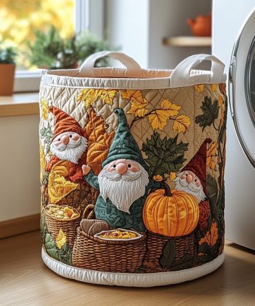 Autumn Gnome Quilted Laundry Hamper — Seasonal Cotton Basket With Reinforced Handles, Foldable Storage For Laundry & Decor