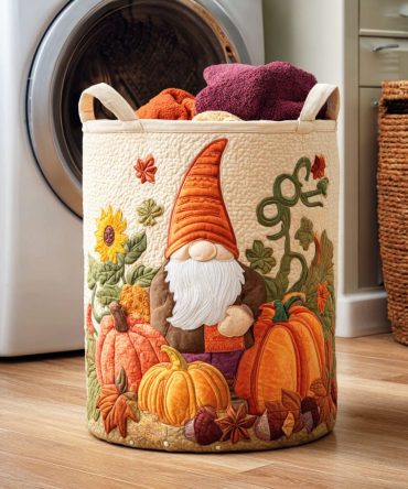 Autumn Gnome Quilted Laundry Hamper — Cozy Fall Fabric Basket, Collapsible Laundry Storage With Rustic Gnome Design For Home