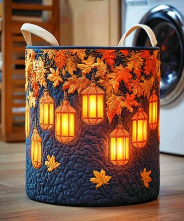 Autumn Lantern Quilted Laundry Hamper - Cozy Fall Pattern Collapsible Washable Storage Basket For Linens, Clothes & Decor