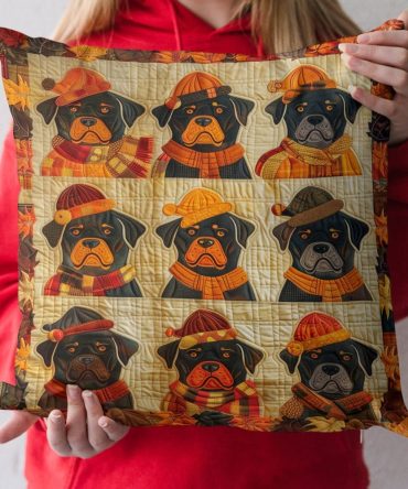 Premium Quilted Pillow Cover — Autumn Leaves & Rottweiler Print, Soft Cotton-Blend Decorative Throw Pillowcase For Sofa/Bed, Machine Washable