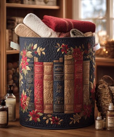 Autumn Library Quilted Storage Hamper — Cozy Book-Themed Fabric Laundry Basket With Quilted Texture, Strong Handles & Fold-Flat Design