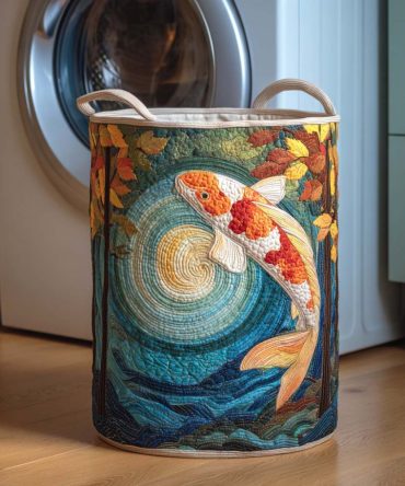 Stylish Quilted Laundry Organizer - Autumn Moon Koi Patterned Fabric Hamper, Foldable Home Storage Basket, Durable & Gift-Ready