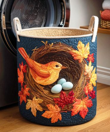 Autumn Nest Quilted Storage Hamper - Plush Collapsible Laundry Basket With Warm Fall Pattern For Clothes, Toys & Linens