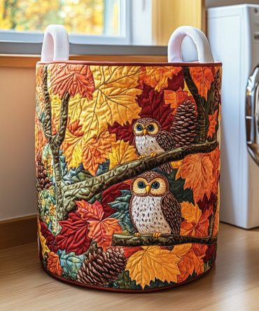 Autumn-Themed Quilted Laundry Hamper With Owl Accent — Collapsible Fall Decor Storage Basket For Clothes, Linens & Seasonal Organization