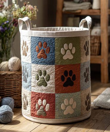 Autumn Paw Patch Quilted Hamper - Cozy Fall Paw Print Laundry Basket, Collapsible Pet-Friendly Storage For Boots & Blankets