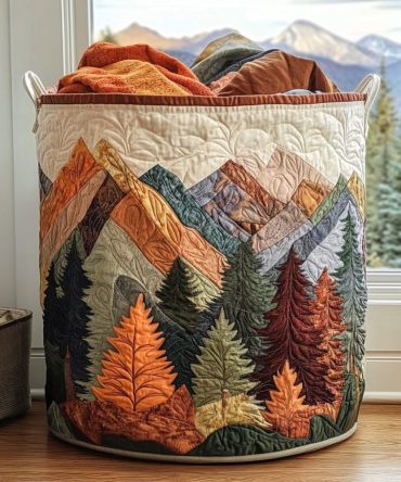 Autumn Peaks Quilted Fabric Hamper — Fall-Inspired Laundry Basket With Durable Handles, Collapsible & Stain-Resistant Finish