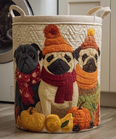 Autumn Pug Crew Quilted Laundry Hamper — Playful Pug Print Collapsible Organizer, Durable Washable Storage Basket For Pet Lovers