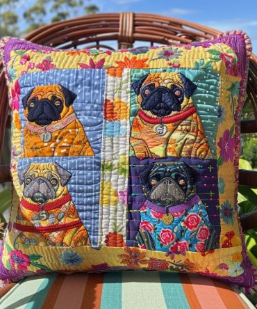 Autumn Pugs Quilted Pillow Cover — Rustic Fall Throw Pillowcase With Pug Illustrations, Quilted Decorative Accent For Cozy Spaces