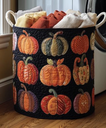Autumn Pumpkins Quilted Laundry Hamper — Festive Fall Fabric Laundry Basket, Durable Washable Storage For Bedroom & Nursery