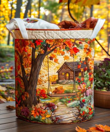 Autumn Retreat Quilted Laundry Hamper — Warm-Tone Fall-Inspired Cotton Basket, Collapsible With Sturdy Handles For Seasonal & Year-Round Storage