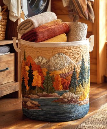 Autumn River Quilted Laundry Hamper — Warm Fall Palette Fabric Basket, Large Foldable Hamper With Comfortable Handles & Machine-Friendly Care