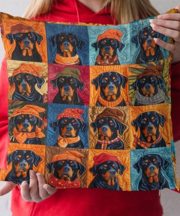 Rottweiler Autumn Retreat Quilted Pillow Cover — Rustic Fall Dog Print Cotton-Blend Throw Pillowcase For Dog Lovers, Machine-Washable