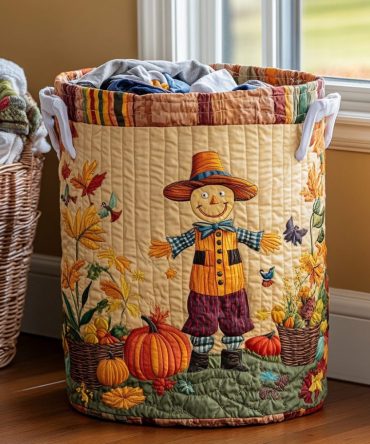 Cozy Autumn Scarecrow Quilted Laundry Hamper — Decorative Fall Fabric Laundry Basket, Collapsible With Handles