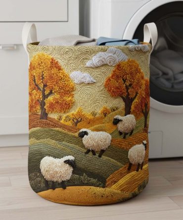 Autumn Sheep Quilted Laundry Hamper — Cozy Fall Sheep Print Foldable Laundry Bin With Handles For Seasonal & Everyday Storage
