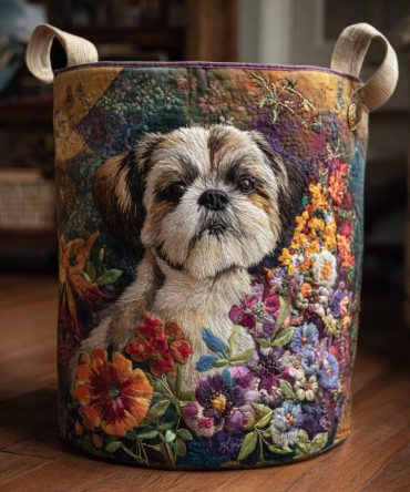 Autumn Shih Tzu Quilted Laundry Hamper - Charming Dog-Themed Fabric Basket With Handles, Collapsible Decorative Laundry Organizer For Cozy Homes