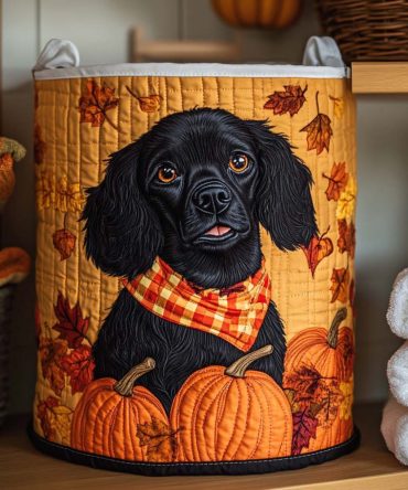 Autumn Spaniel Quilted Laundry Hamper - Cozy Decorative Fabric Basket With Handles , Rustic Pet-Themed, Large Capacity & Machine-Washable