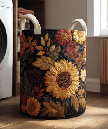 Autumn Sunflower Quilted Laundry Hamper — Rustic Floral Fabric Basket, Foldable Laundry Organizer For Bedroom & Dorm