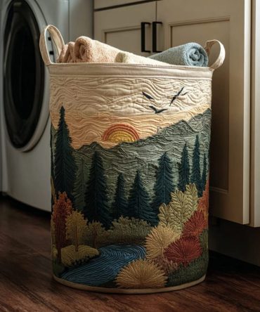 Autumn Trail Quilted Laundry Hamper — Fall Leaf Pattern Collapsible Fabric Basket With Sturdy Handles For Seasonal Decor