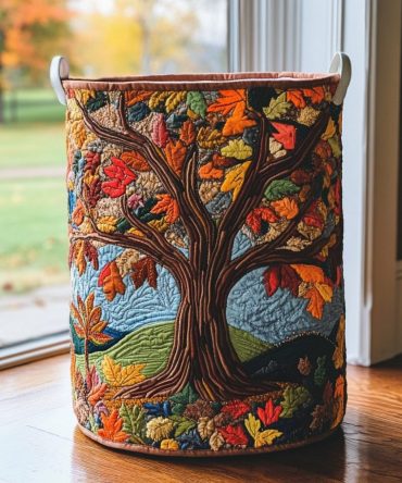Autumn Tree Quilted Laundry Basket - Large Foldable Storage Hamper With Handles, Warm Fall Woodland Design For Cozy Home Organization