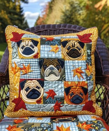 Autumn Vibe Pugs Quilted Pillow Cover — Cozy Fall Dog Throw Pillowcase, Quilted Decorative Accent For Seasonal Home Styling