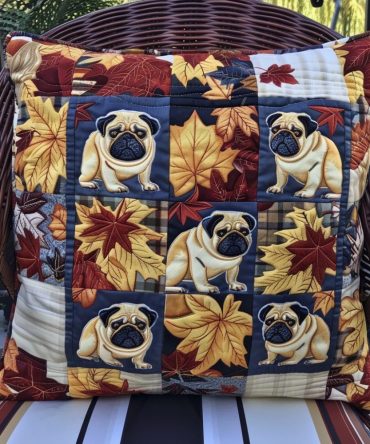 Autumn Vibe Pugs Quilted Pillow Cover — Cozy Fall Pug Throw Pillowcase, Quilted Decorative Accent For Seasonal Home Refresh