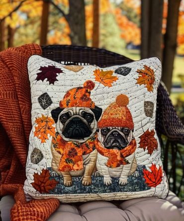 Fall-Style Pugs Quilted Pillow Cover — Autumn Vibe Dog Throw Pillowcase, Quilted Decorative Accent For Seasonal Living Spaces