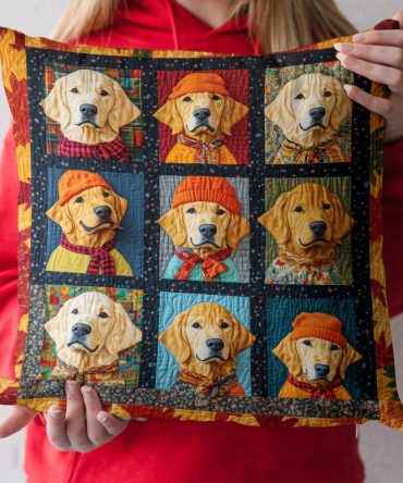 Autumn Retriever Quilted Pillow Cover - Cozy Fall Design With Golden Retriever Illustration, Quilted Decorative Case, Machine Washable