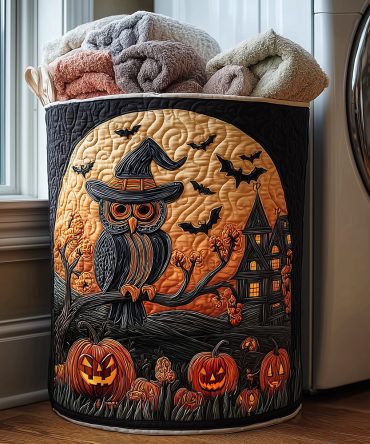 Autumn Witch Owl Quilted Laundry Hamper — Charming Fall Witchy Owl Laundry Basket, Durable Fabric Storage & Easy-Care Hamper