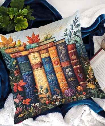 Autumnal Bookshelf Quilted Pillow Cover — Cozy Fall Library Design Decorative Throw Pillowcase For Reading Nooks & Living Rooms