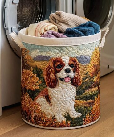 Autumnal King Charles Quilted Laundry Hamper – Elegant Patterned Fabric Basket, Padded & Foldable Laundry Solution For Home