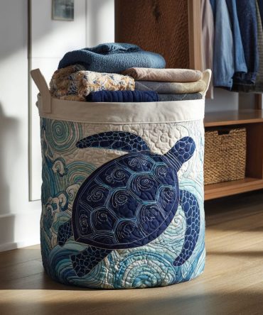 Azure Drift Quilted Laundry Hamper — Elegant Blue Quilted Fabric Basket With Handles, Space-Saving Foldable Laundry Organizer