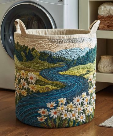 Azure River Quilted Laundry Basket – Serene Blue Fabric Hamper For Modern Laundry Rooms, Foldable Storage With Comfortable Handles