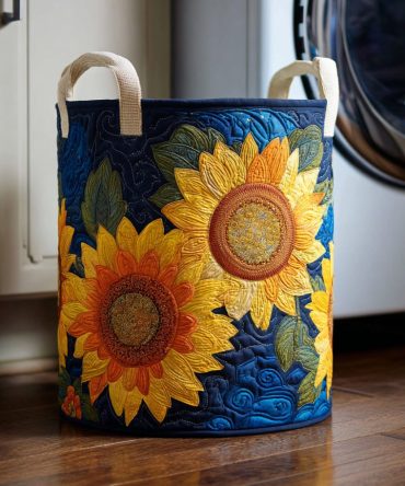 Azure Sunflower Quilted Laundry Hamper — Blue Floral Fabric Basket With Handles, Collapsible & Roomy Laundry Organizer For Home