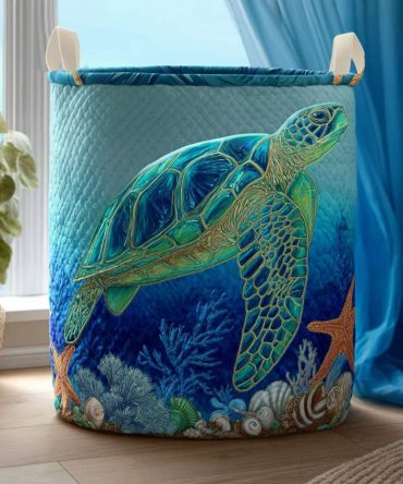 Azure Turtle Quilted Laundry Hamper — Sea-Inspired Decorative Collapsible Laundry Basket With Reinforced Handles For Beachy Bedroom Décor