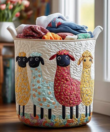 Baa Bunch Quilted Laundry Hamper - Whimsical Sheep Print Fabric Basket, Foldable Durable Kids' Laundry Organizer For Nursery & Playroom